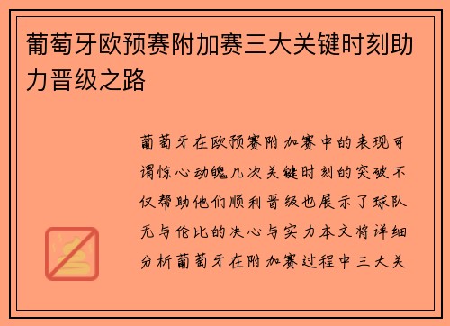 葡萄牙欧预赛附加赛三大关键时刻助力晋级之路 葡萄牙欧预赛附加赛三大关键时刻助力晋级之路