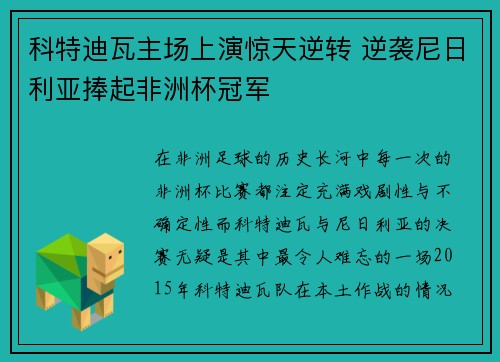 科特迪瓦主场上演惊天逆转 逆袭尼日利亚捧起非洲杯冠军 科特迪瓦主场上演惊天逆转 逆袭尼日利亚捧起非洲杯冠军